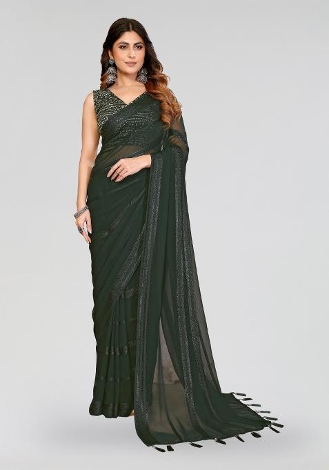 Dark Green Plain Silk Blend Saree Set