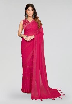 Pink Plain Silk Blend Saree Set