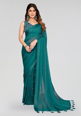 Rama Plain Silk Blend Saree Set
