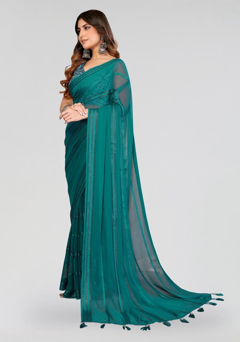 Rama Plain Silk Blend Saree Set - Indya