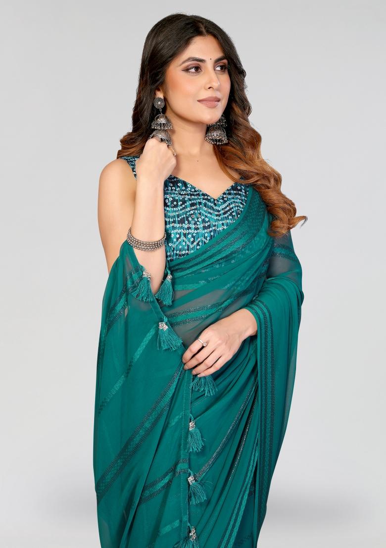 Rama Plain Silk Blend Saree Set - Indya