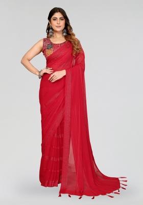 Red Plain Silk Blend Saree Set