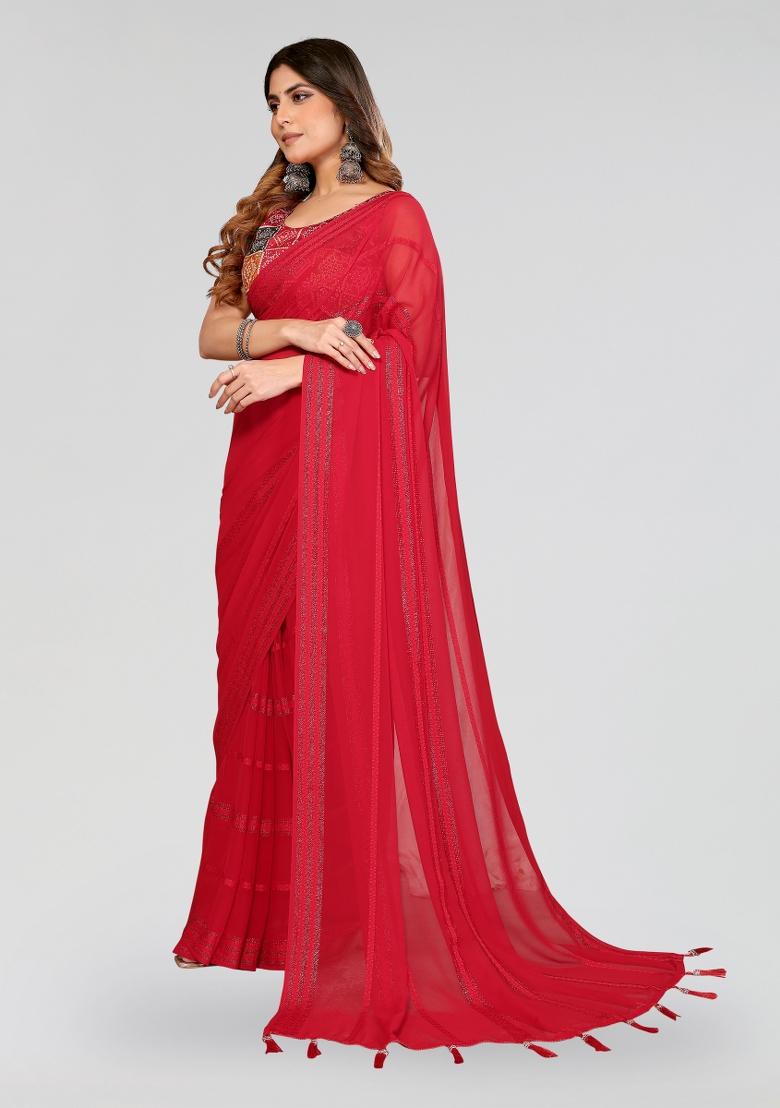 Red Plain Silk Blend Saree Set - Indya