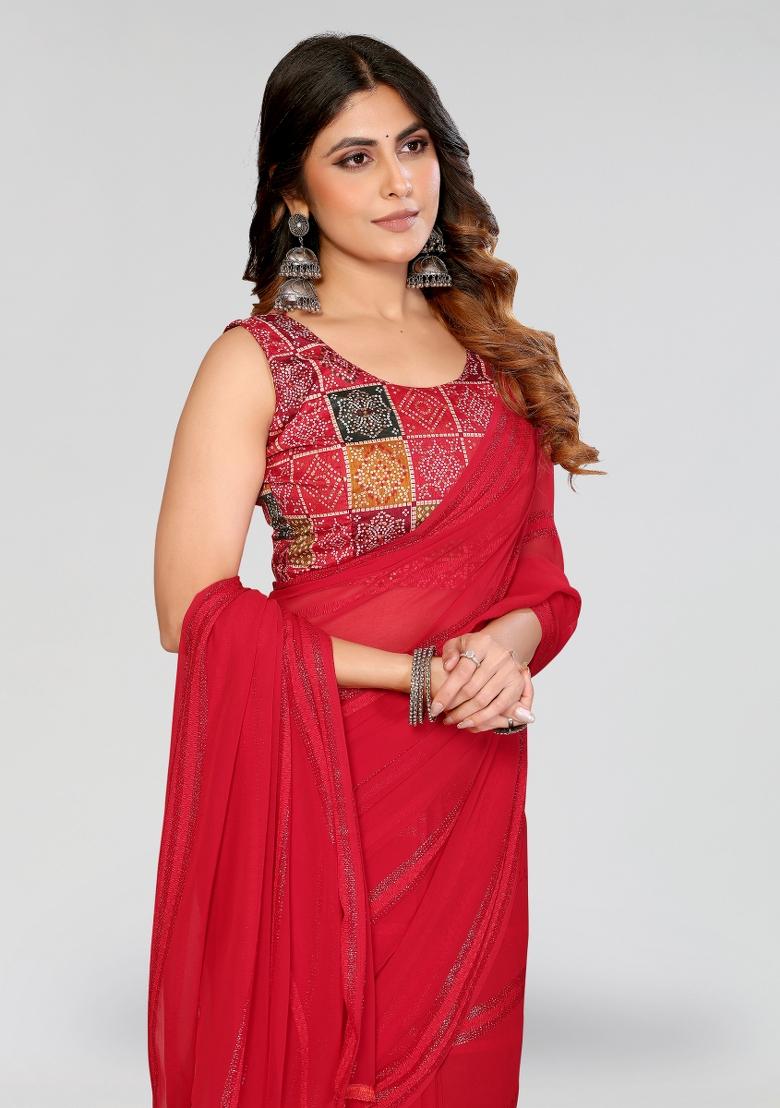 Red Plain Silk Blend Saree Set - Indya
