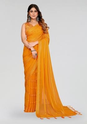 Yellow Plain Silk Blend Saree Set