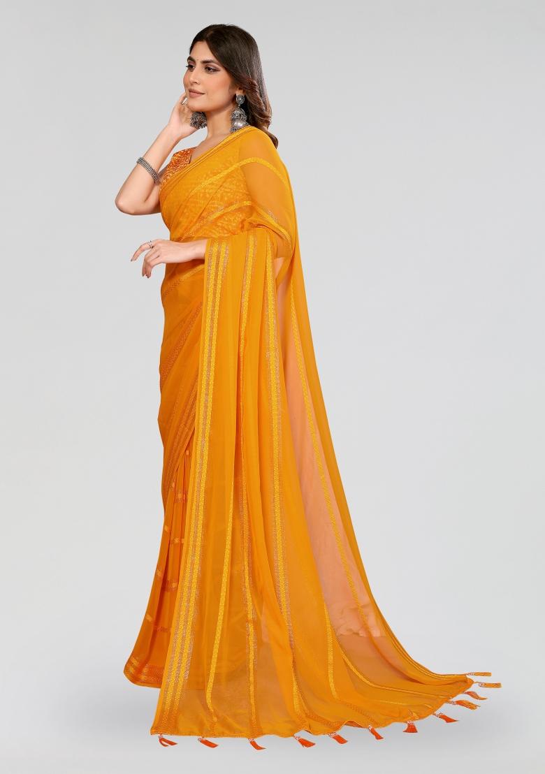 Yellow Plain Silk Blend Saree Set - Indya