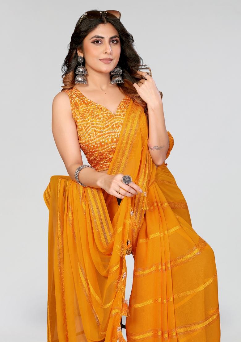 Yellow Plain Silk Blend Saree Set - Indya