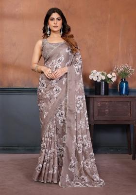 Brown Printed Silk Blend Saree Set
