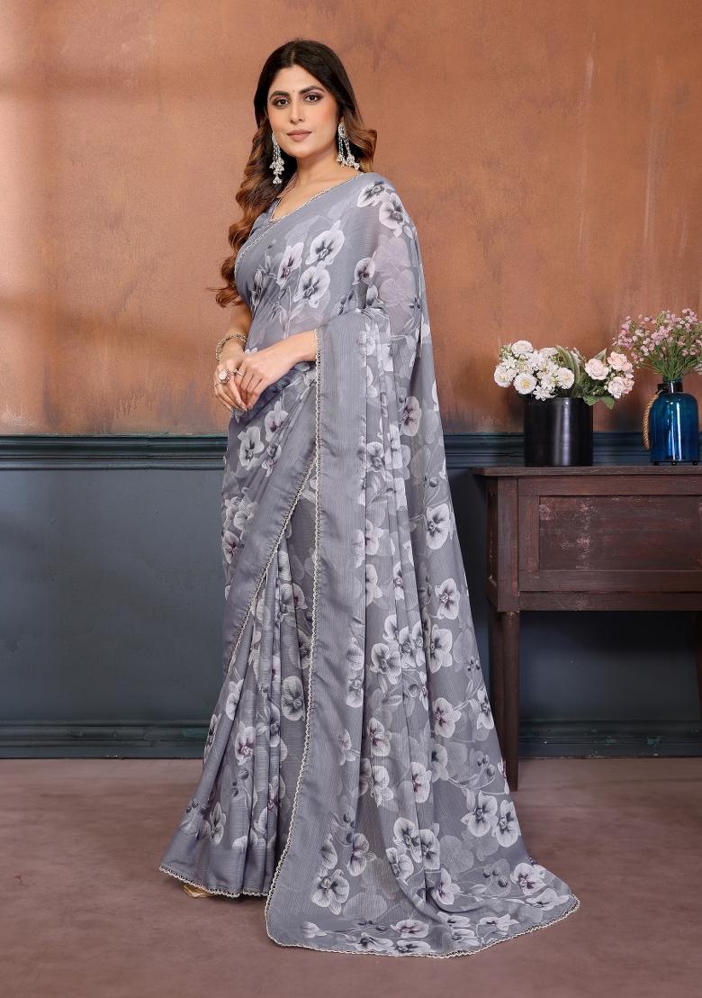 Grey Printed Silk Blend Saree Set - Indya
