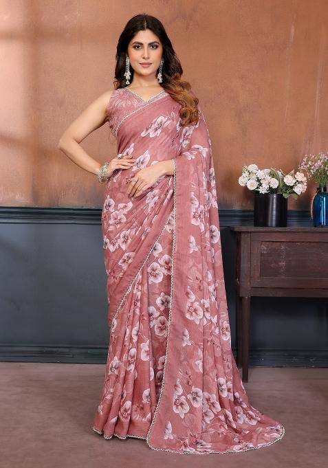Pink Printed Silk Blend Saree Set
