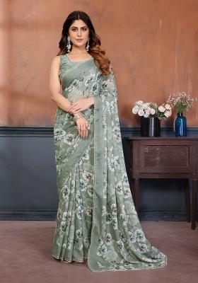 Pista Printed Silk Blend Saree Set