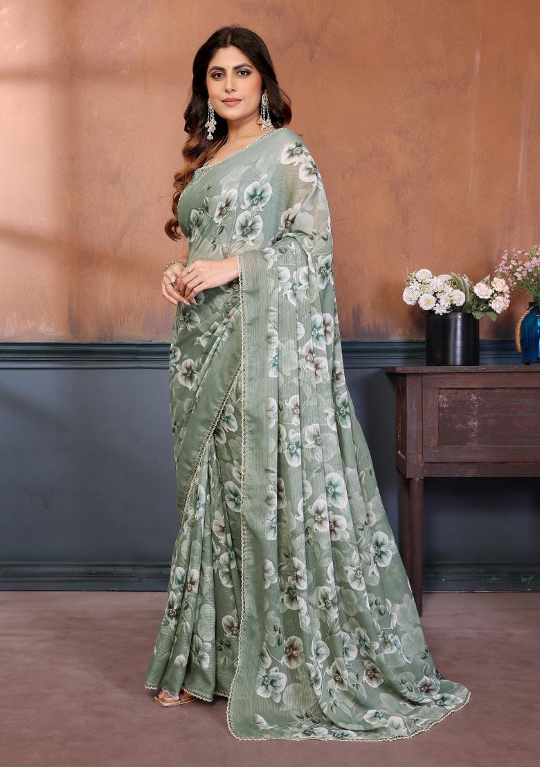 Pista Printed Silk Blend Saree Set - Indya