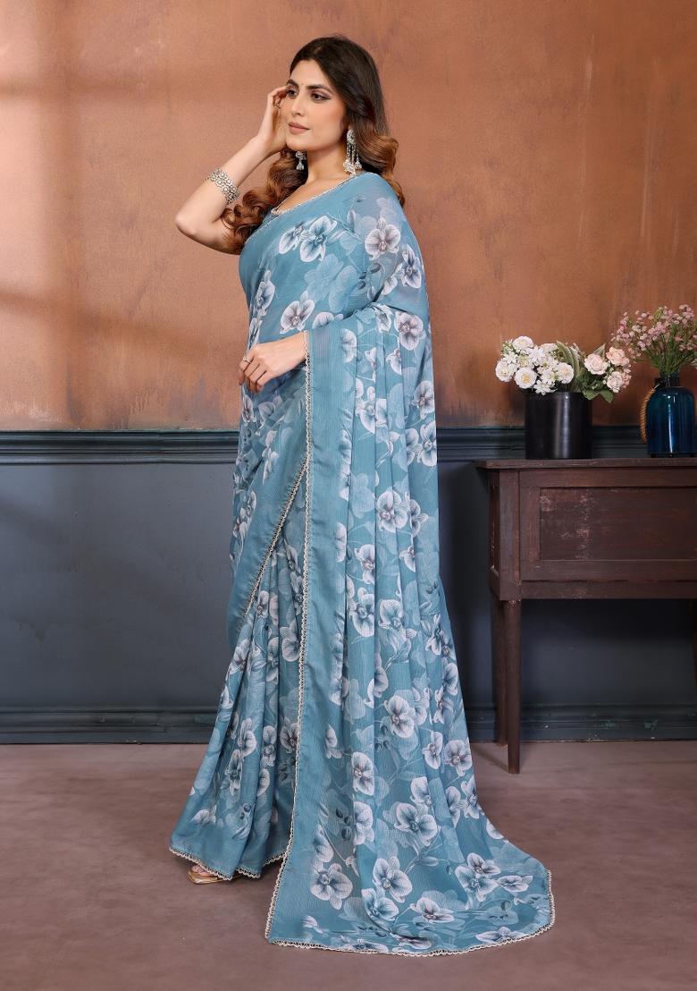 Sky Blue Printed Silk Blend Saree Set - Indya