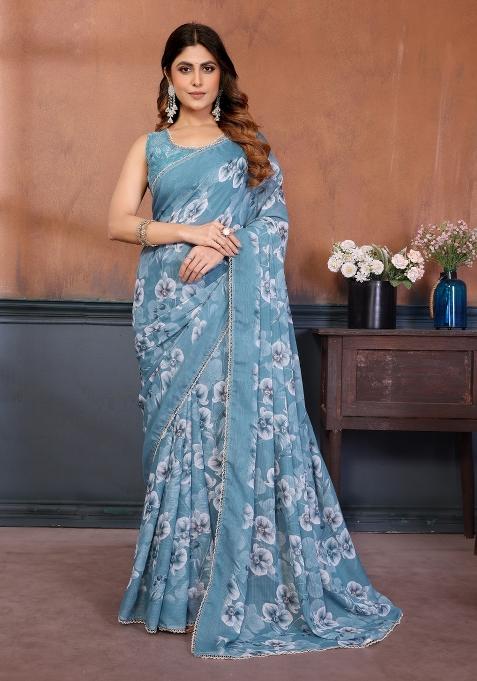 Sky Blue Printed Silk Blend Saree Set