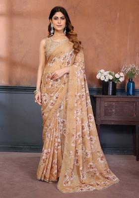 Yellow Printed Silk Blend Saree Set