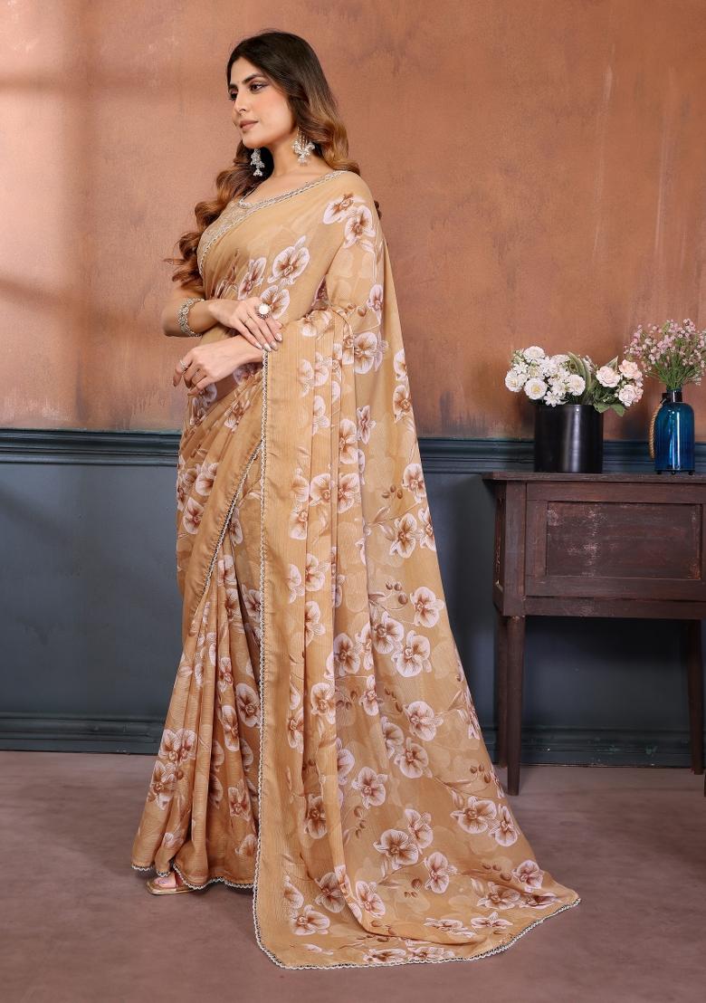 Yellow Printed Silk Blend Saree Set - Indya