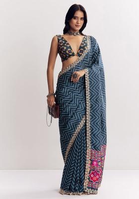 Dark Blue Printed Silk Blend Saree Set