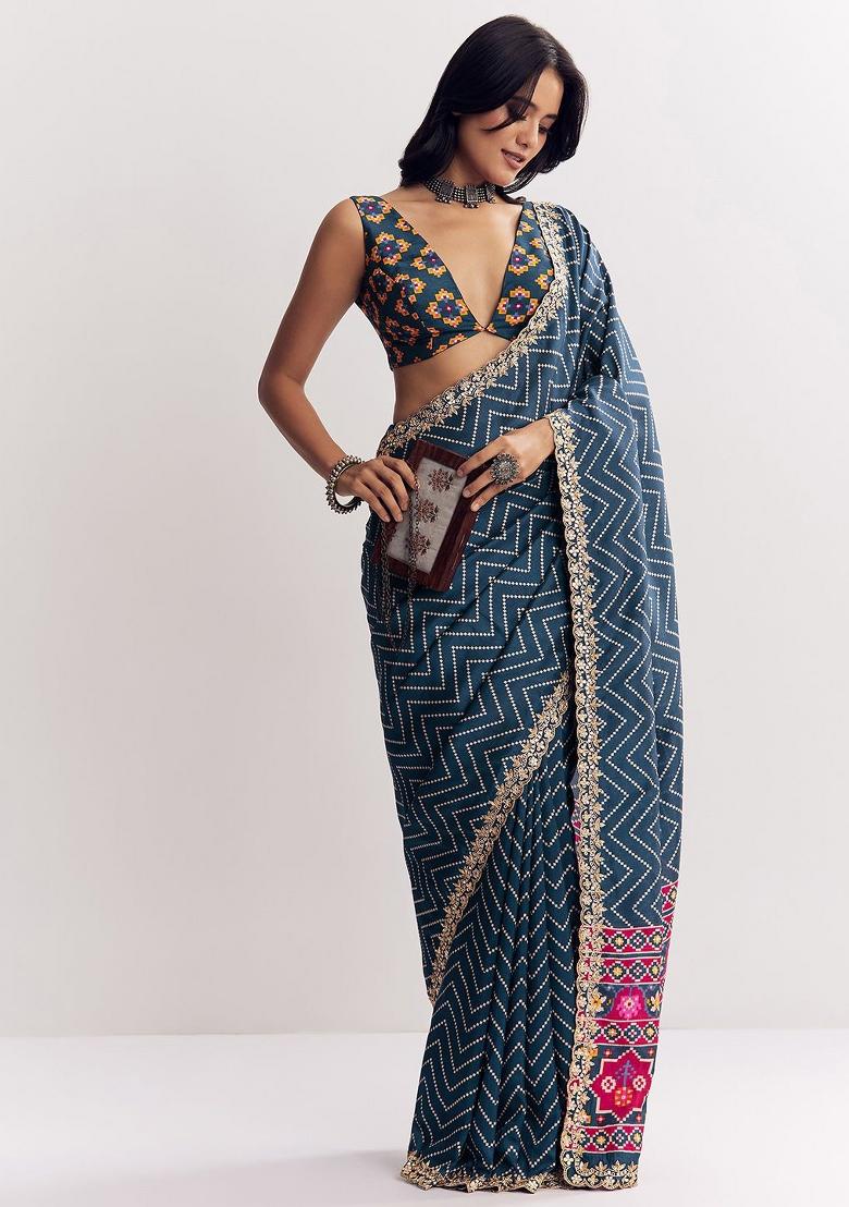 Dark Blue Printed Silk Blend Saree Set - Indya