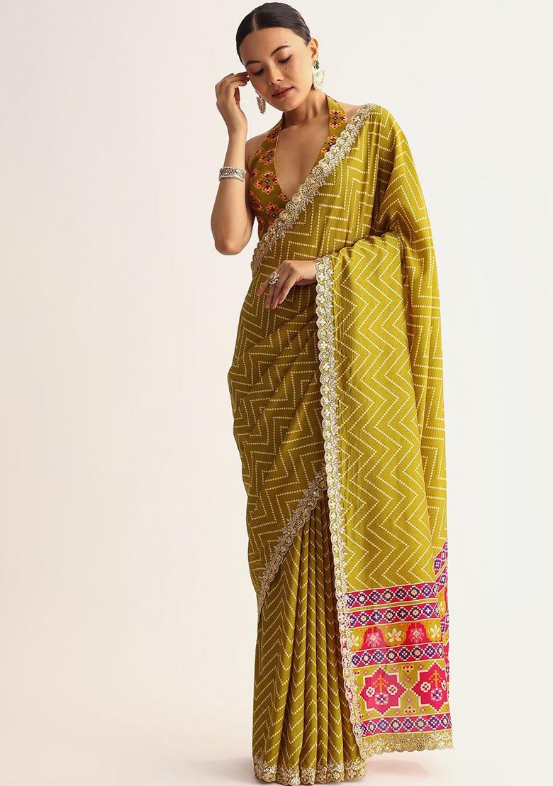 Yellow Printed Silk Blend Saree Set - Indya