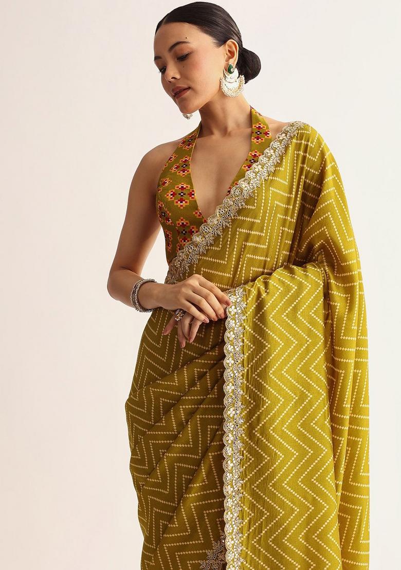 Yellow Printed Silk Blend Saree Set - Indya