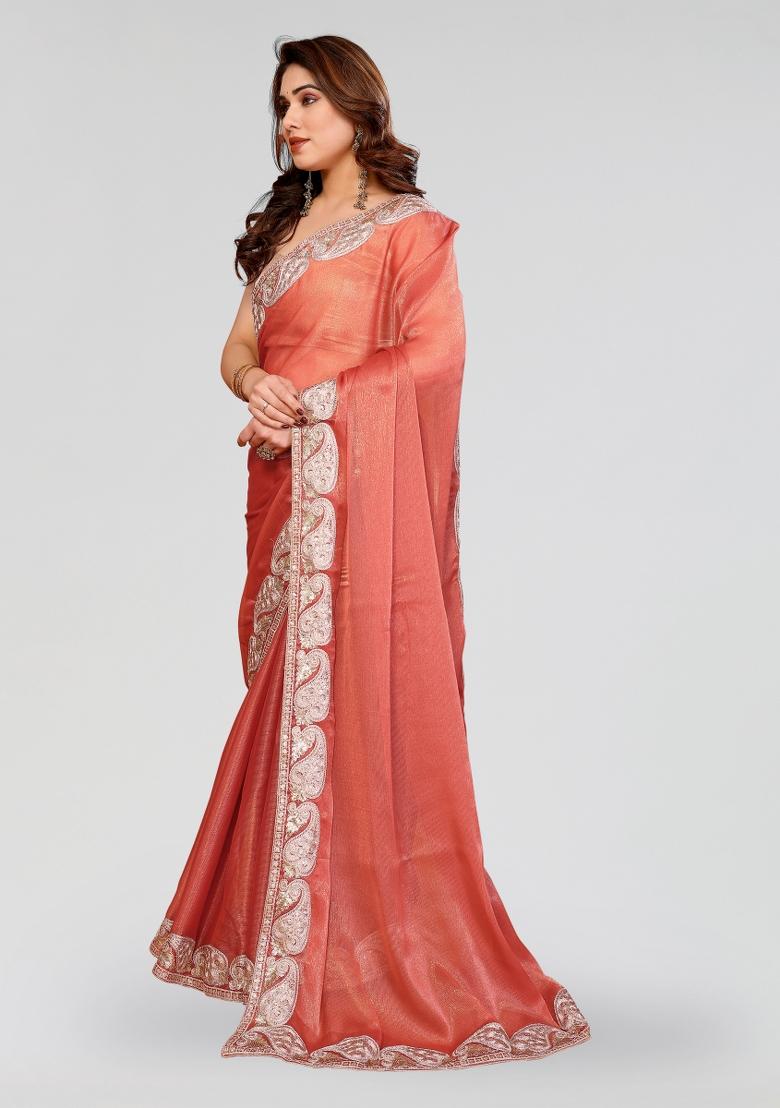 Orange Embroidered Pc Sitara Saree Set - Indya