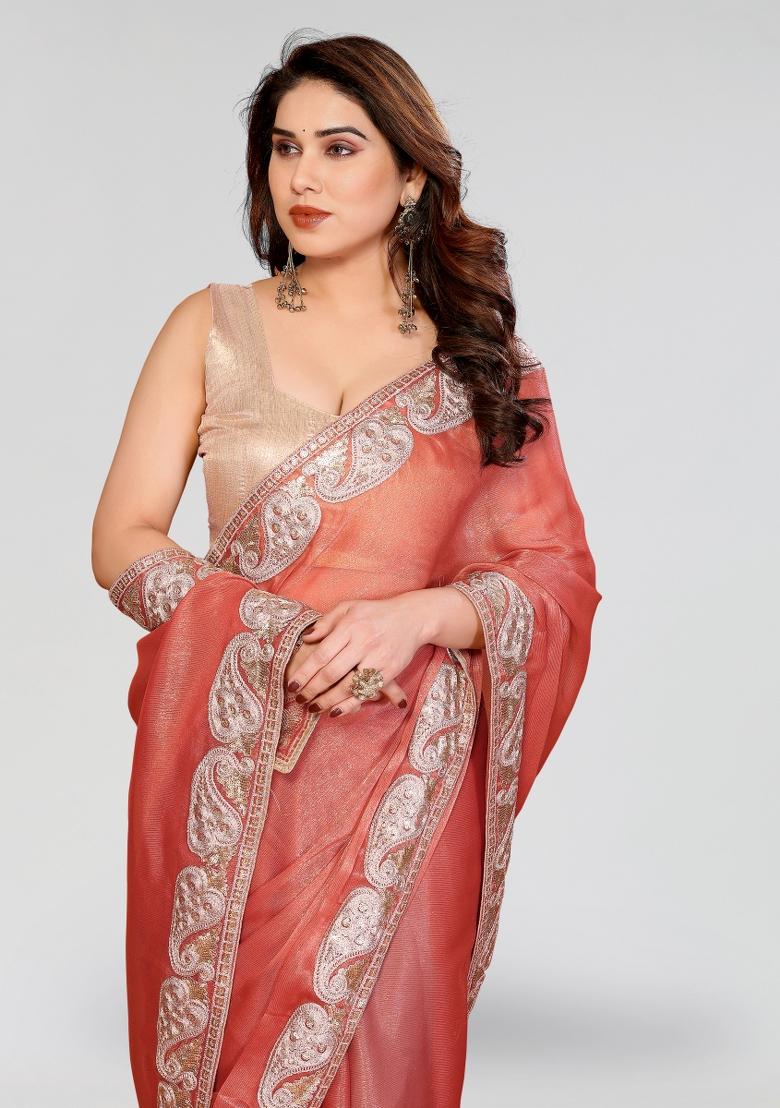 Orange Embroidered Pc Sitara Saree Set - Indya