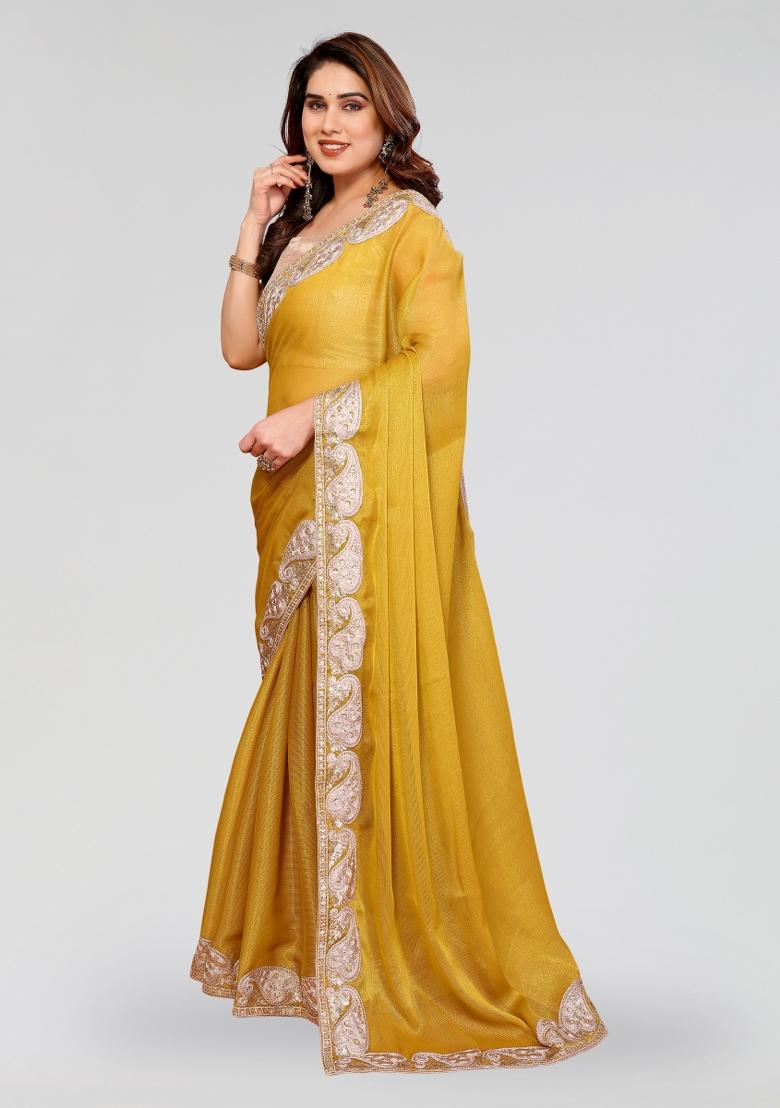 Yellow Embroidered Pc Sitara Saree Set - Indya