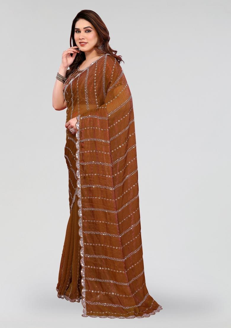 Brown Beads Work Silk Blend Saree Set - Indya