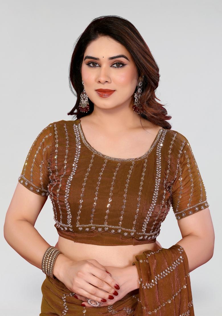 Brown Beads Work Silk Blend Saree Set - Indya