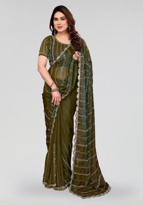 Green Beads Work Silk Blend Saree Set