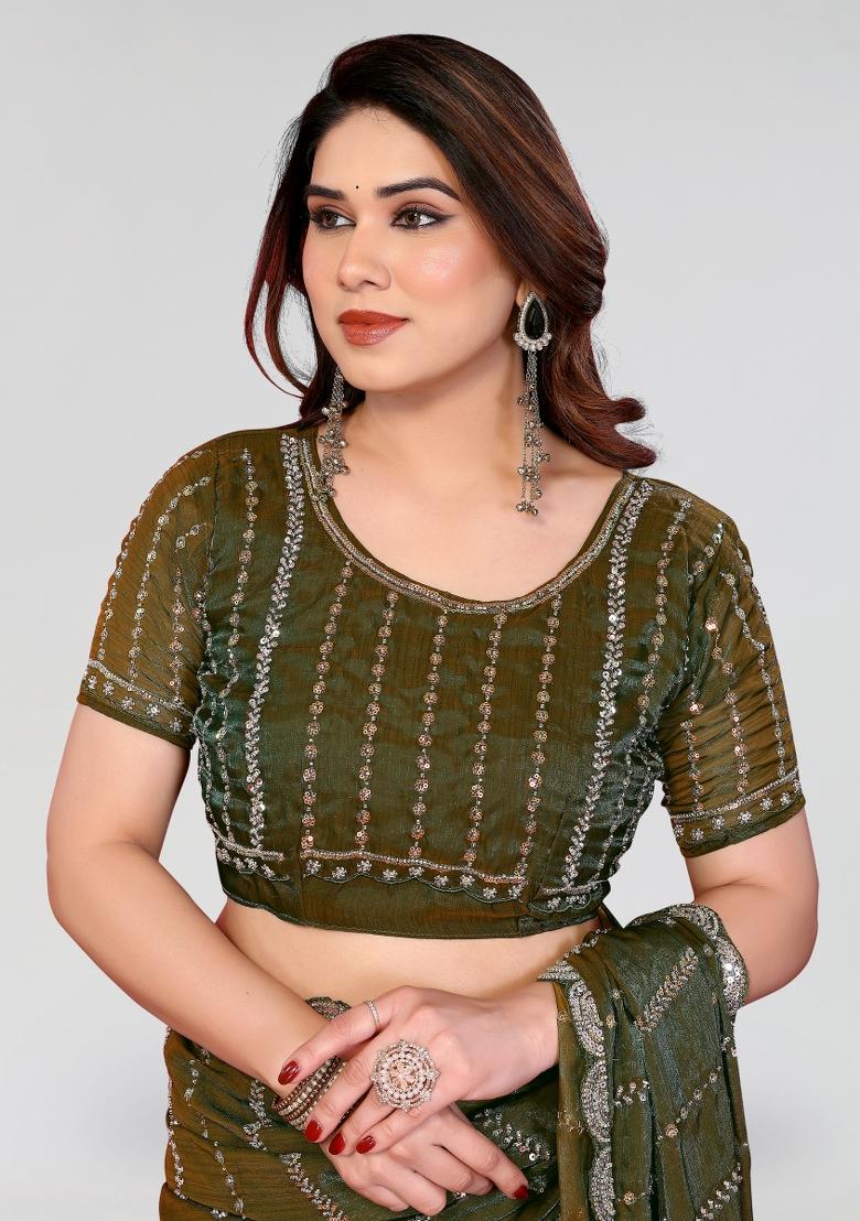Green Beads Work Silk Blend Saree Set - Indya