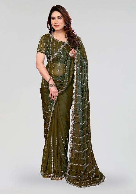 Green Beads Work Silk Saree Set