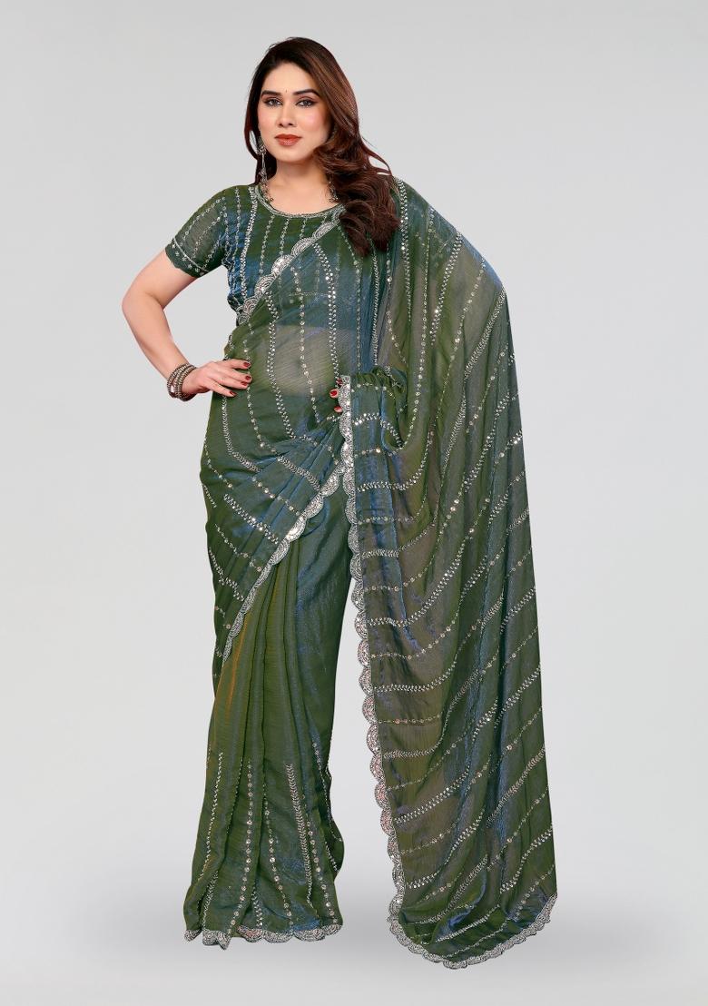 Morpeach Beads Work Silk Blend Saree Set - Indya