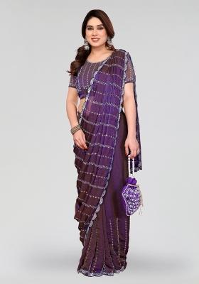 Purple Beads Work Silk Blend Saree Set