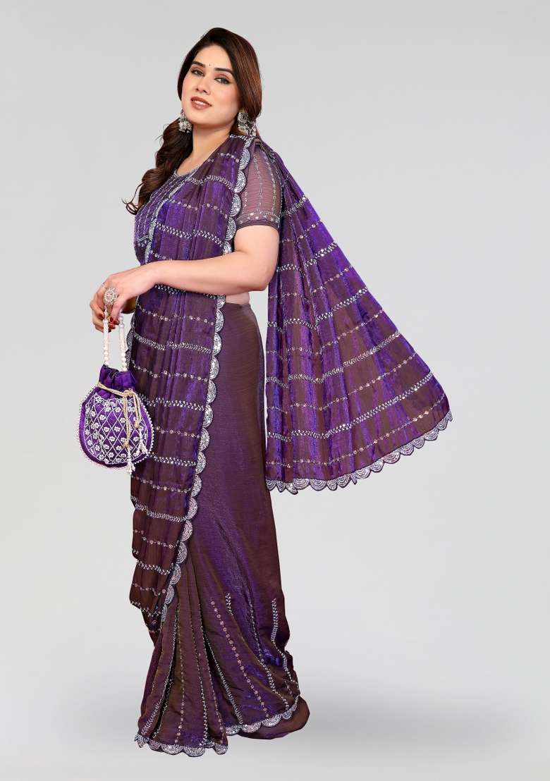 Purple Beads Work Silk Blend Saree Set for Diwali | Wedding & Festive Wear - Indya
