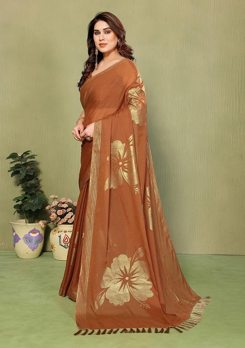 Brown Plain Silk Blend Saree Set - Indya