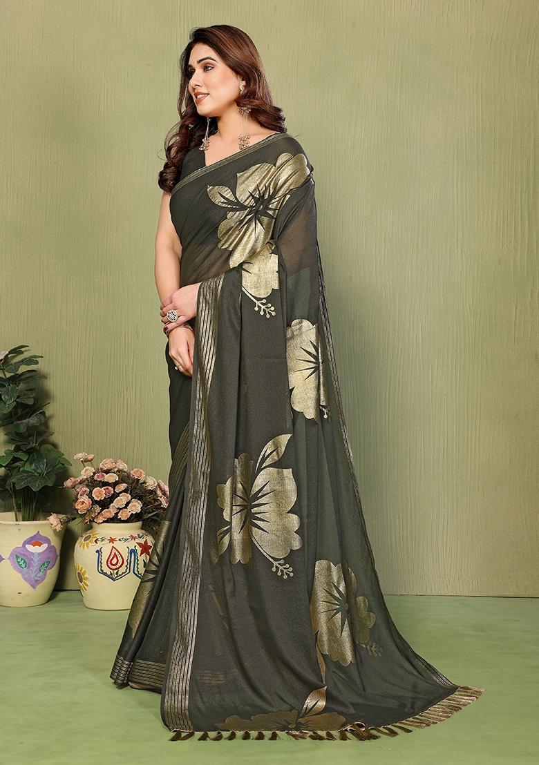 Mehendi Plain Silk Blend Saree Set - Indya