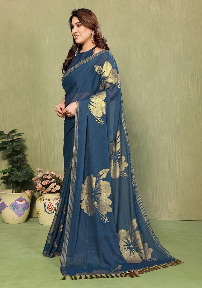 Morpeach Plain Silk Blend Saree Set - Indya