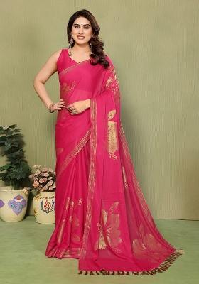 Pink Plain Silk Blend Saree Set