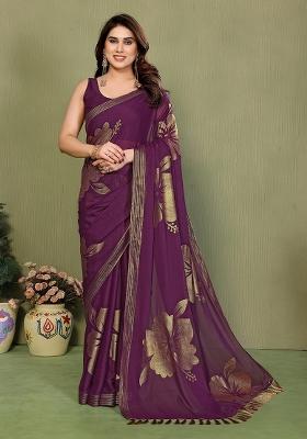 Wine Plain Silk Blend Saree Set