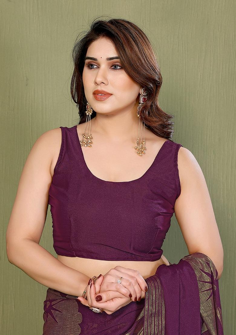 Wine Plain Silk Blend Saree Set - Indya
