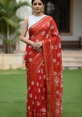 Orange Printed Silk Blend Saree Set