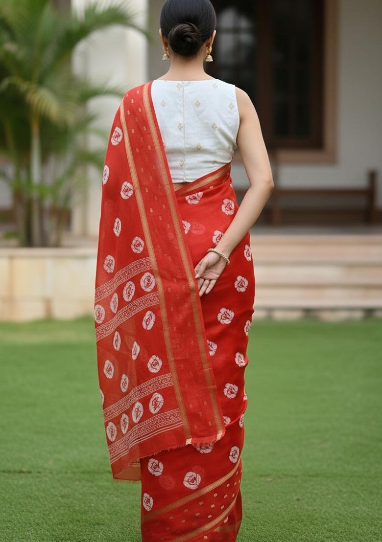 Orange Printed Silk Blend Saree Set - Indya