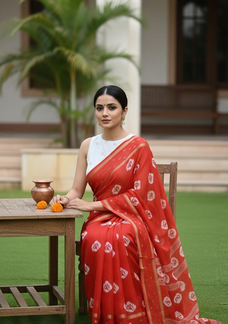 Orange Printed Silk Blend Saree Set - Indya