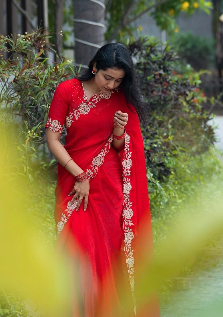 Red Stone Work Silk Blend Saree Set - Indya