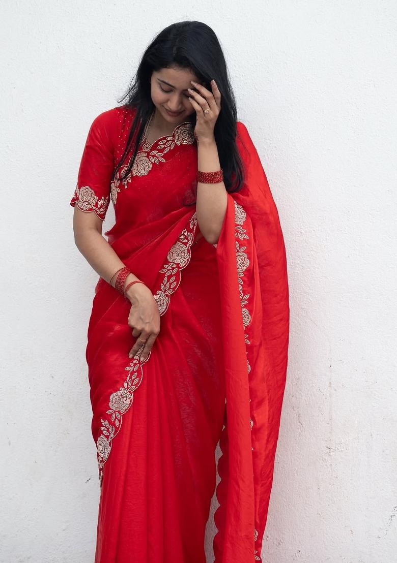 Red Stone Work Silk Blend Saree Set - Indya
