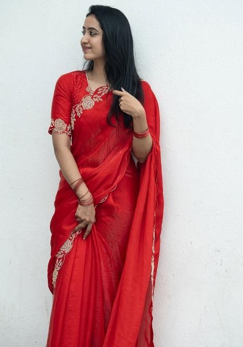 Red Stone Work Silk Blend Saree Set