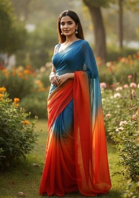 Blue Two-Tone Silk Blend Saree Set