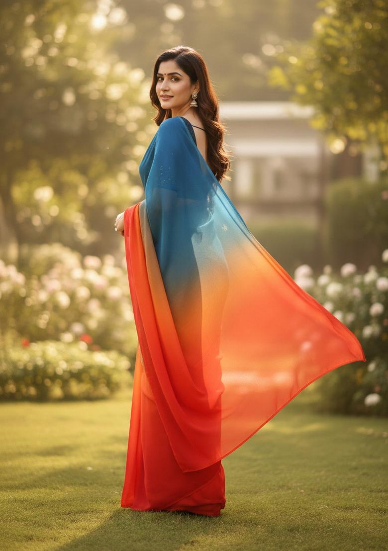 Blue Two-Tone Silk Blend Saree Set - Indya