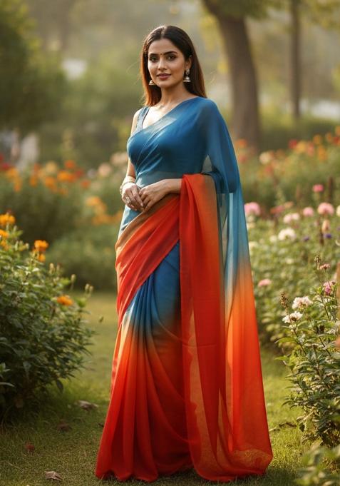 Blue Two-Tone Silk Saree Set
